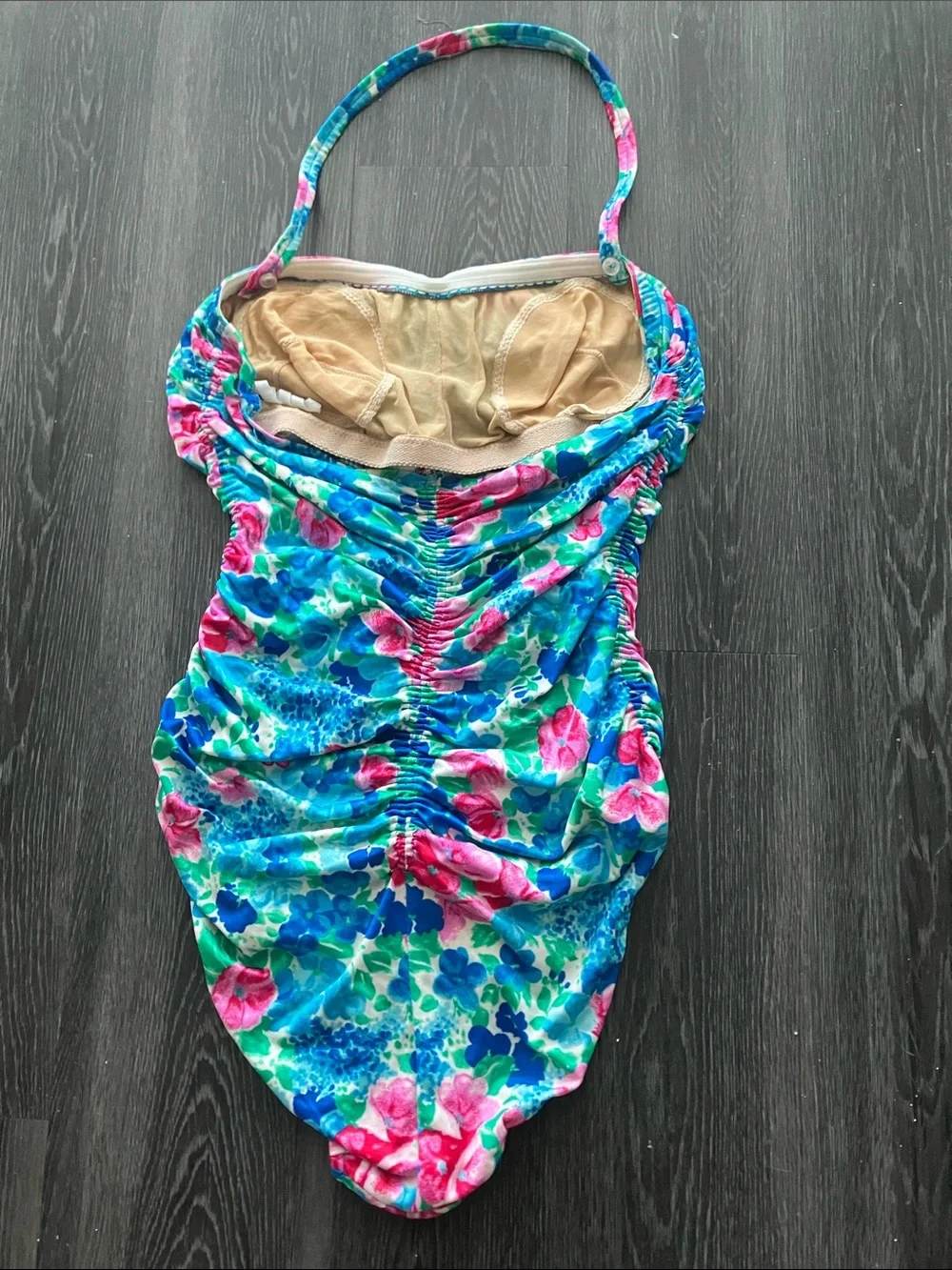 Vintage 80s Bright Blue & Pink Watercolor Floral One Piece Swimsuit